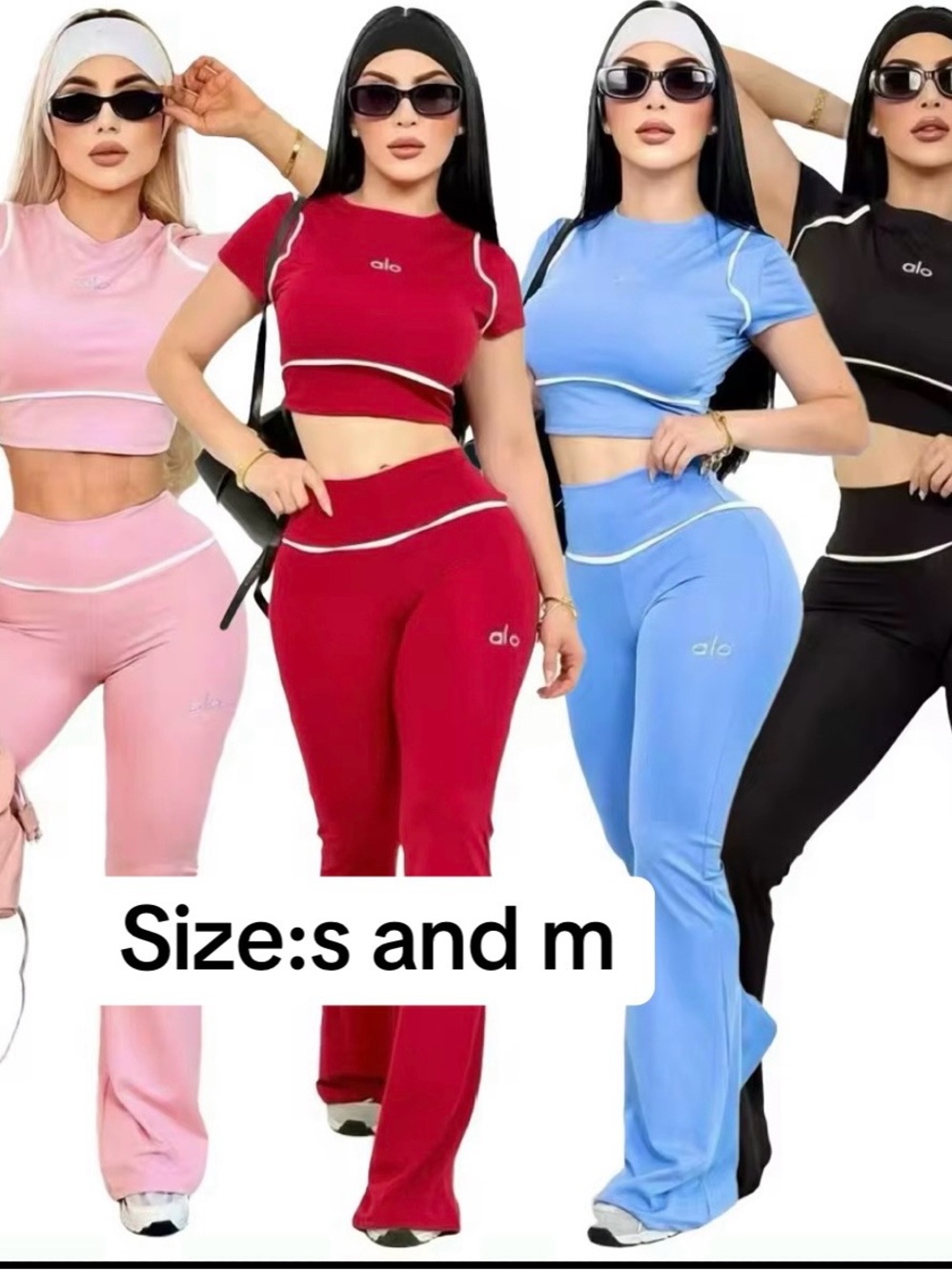 ALO Yoga Women's Crop Top & Flare Pants Set - Red, Blue, Pink, Black
